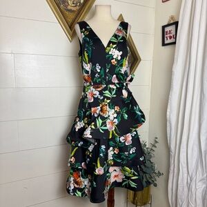 Rickie Freeman for Teri Jon Women's Black V-Neck Floral A-Line Dress Size 8 NWT